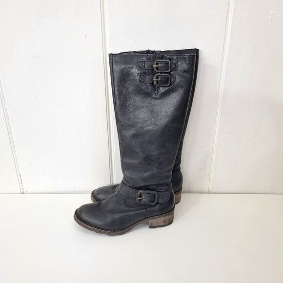 Circle G Distressed Black Leather Knee-High Boots With Buckle Detail & Stacked H - Picture 2 of 11